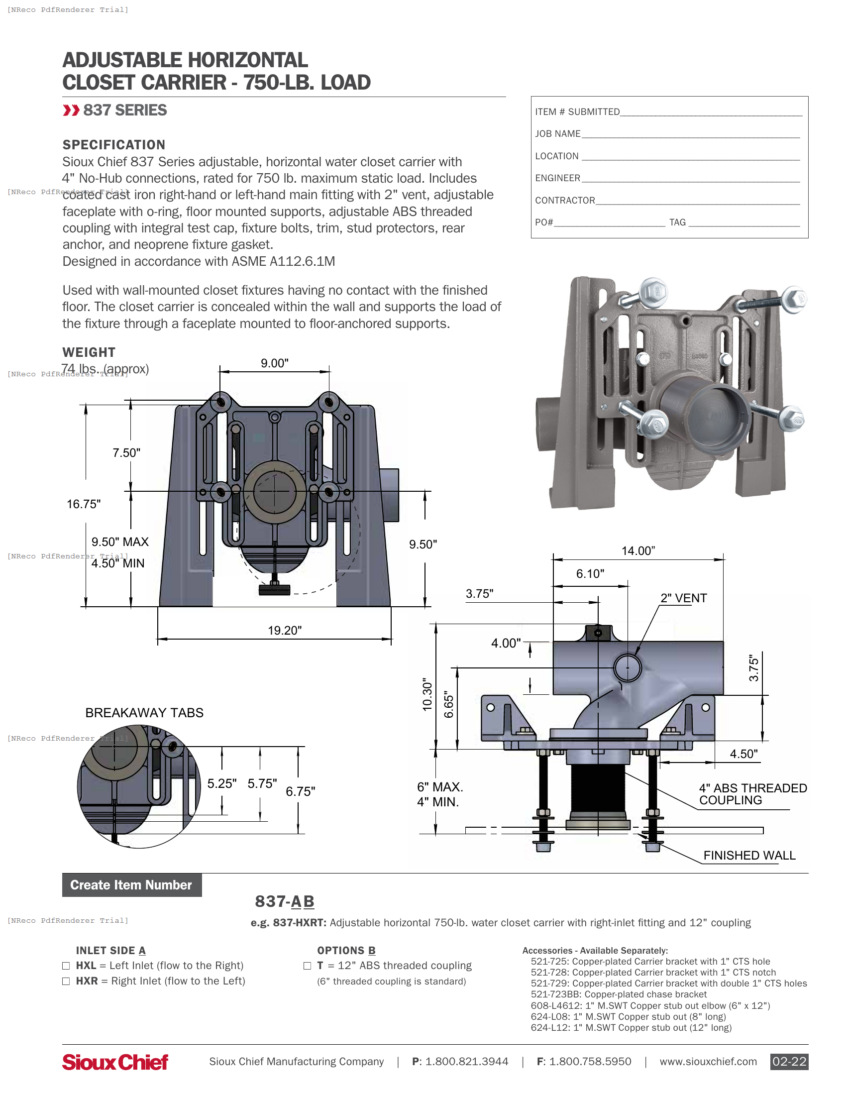 837-HX SERIES - 750-LB CLOSET CARRIER - SPEC SHEET.PDF Specification Document